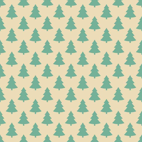 Seamless pattern of stylized teal Christmas trees on a cream background
