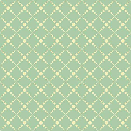 Geometric pattern of polka dots and diamonds on a green background
