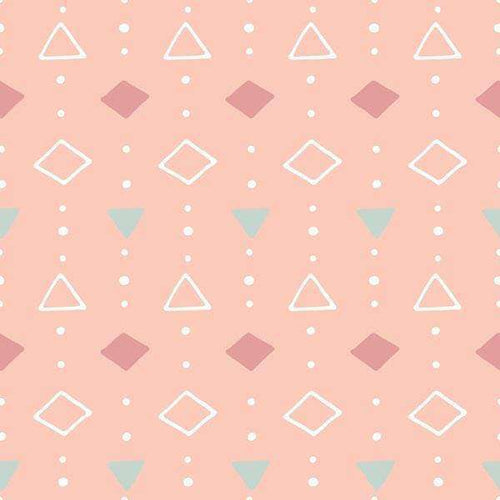 Abstract geometric pattern with squares, triangles, and dots on a pastel pink background