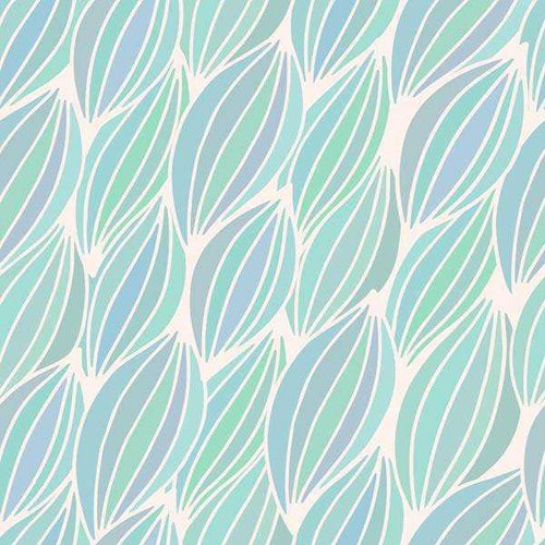 Stylized teal leaves on a pale grey background