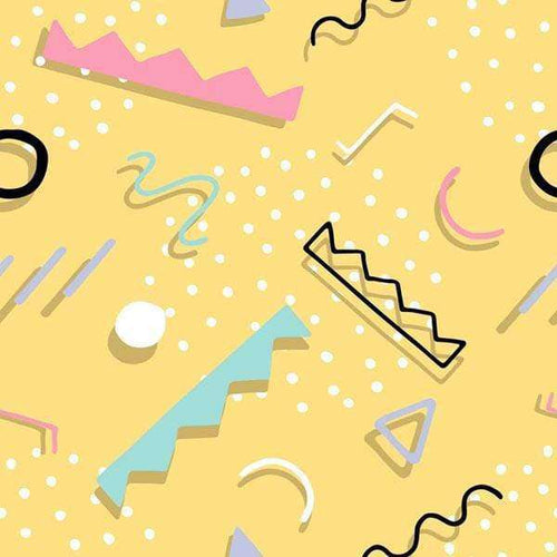 Abstract geometric shapes and squiggles on a pastel yellow background