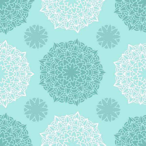 Mint green background with white floral mandala patterns