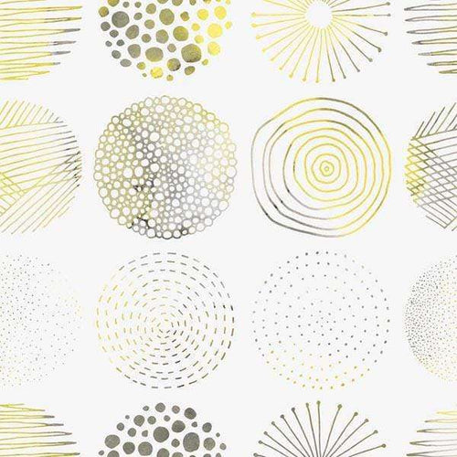 Abstract circular patterns in gold, olive, and gray on a white background