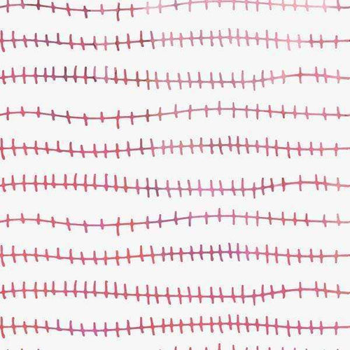 Abstract hand-stitched crimson and lavender lines on a plain background