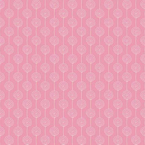 Repeated rose swirl pattern on a pink background