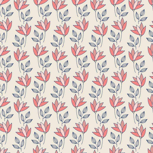 Seamless floral pattern with stylized red flowers and grey leaves on a pale background