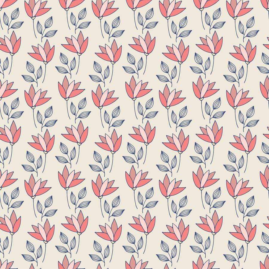 Seamless floral pattern with stylized red flowers and grey leaves on a pale background