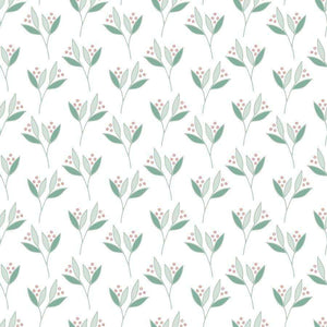 Seamless pattern of stylized green leafy branches with red berries on a light background