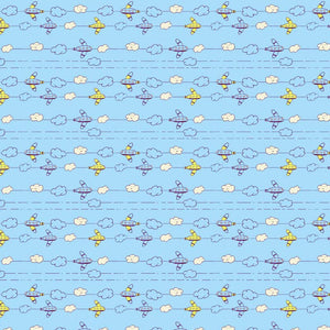 Kid-friendly pattern with airplanes and clouds on a blue background