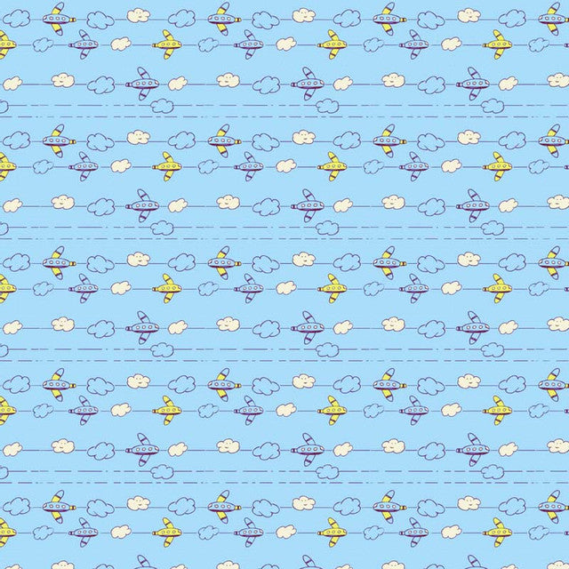 Kid-friendly pattern with airplanes and clouds on a blue background