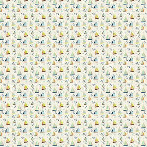 Repeated pattern of colorful sailboats on a pale background