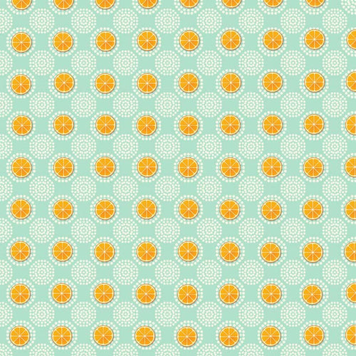 Repeated pattern of orange slices and white doilies on a teal background