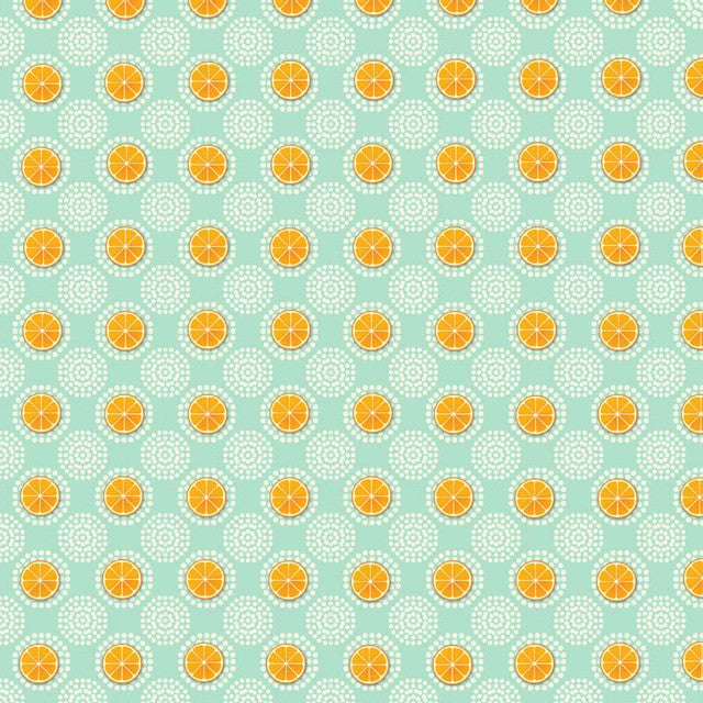 Repeated pattern of orange slices and white doilies on a teal background
