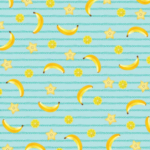 Pattern with bananas, stars, and citrus slices on a striped turquoise background