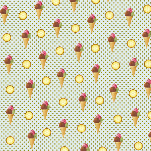 An array of cartoon-style ice cream cones with sprinkles and dot motifs on a dotted light grey background