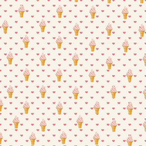 Repeated pattern of pink ice cream cones and small hearts