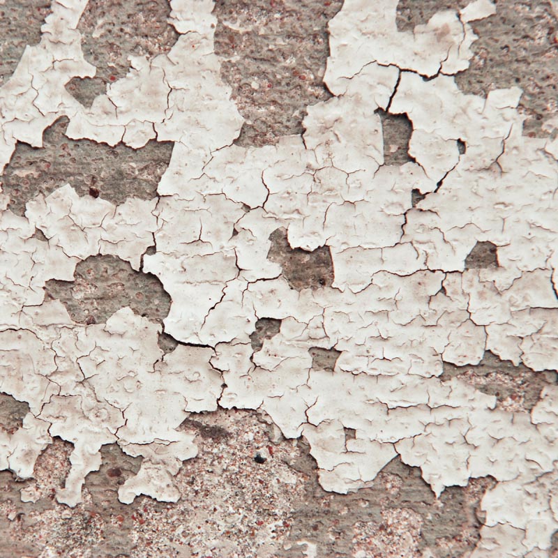 Close-up of cracked white paint on a concrete surface
