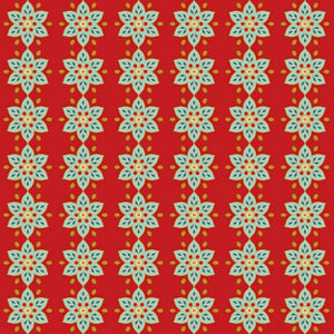 Floral pattern with red background and blue, white, and yellow accents