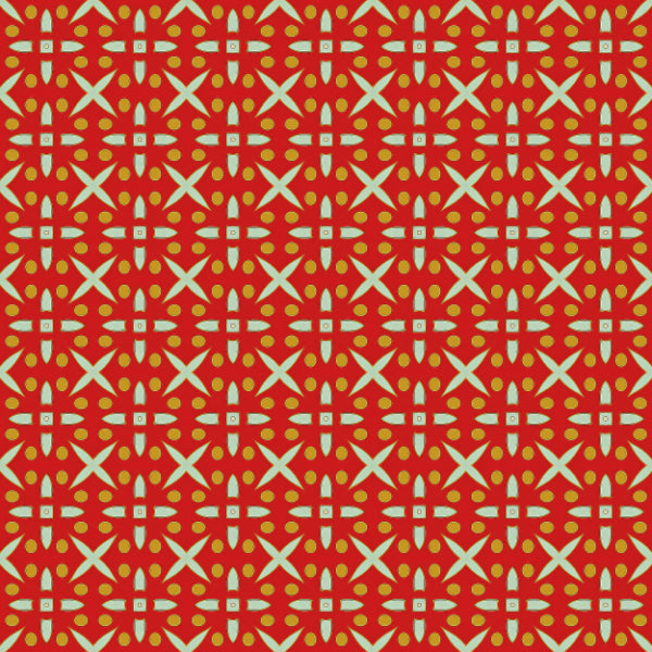 Red and yellow geometric pattern with crosses and ovals