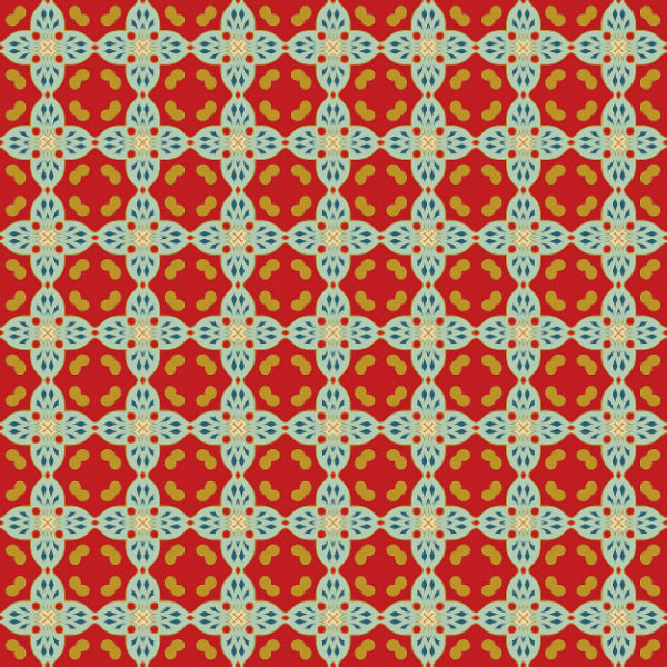 Geometric floral lattice pattern on a red background