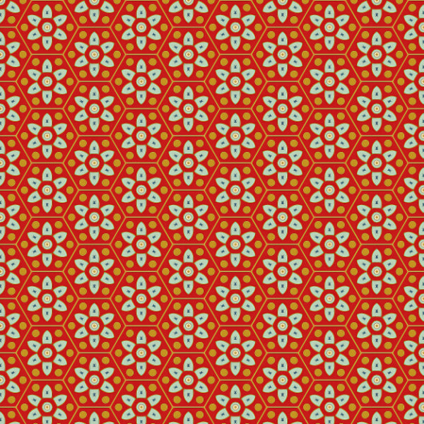 Geometric floral mosaic pattern in red, white, and gold tones