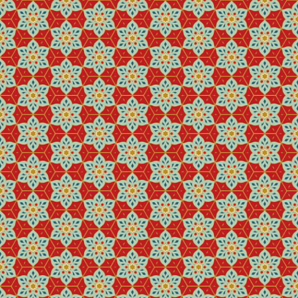 Red background with white and teal floral mosaic pattern