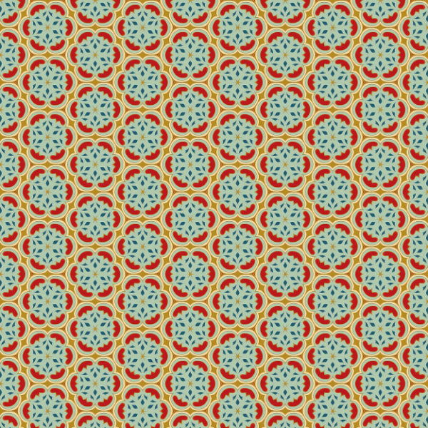 Intricate red, blue, and beige floral medallion pattern