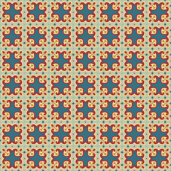 Vintage-style repeating pattern with coral and teal florets on a beige background