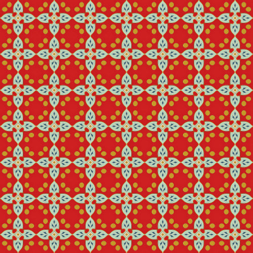 Interwoven floral lattice pattern on a crimson background with yellow dots