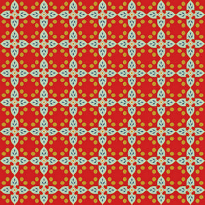 Interwoven floral lattice pattern on a crimson background with yellow dots