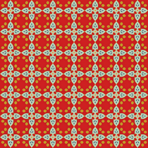 Interwoven floral lattice pattern on a crimson background with yellow dots