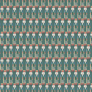 Repetitive illustrated pattern of nutcracker soldiers on a teal background