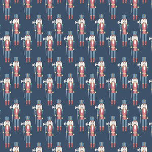Seamless pattern of illustrated nutcrackers on a navy blue background