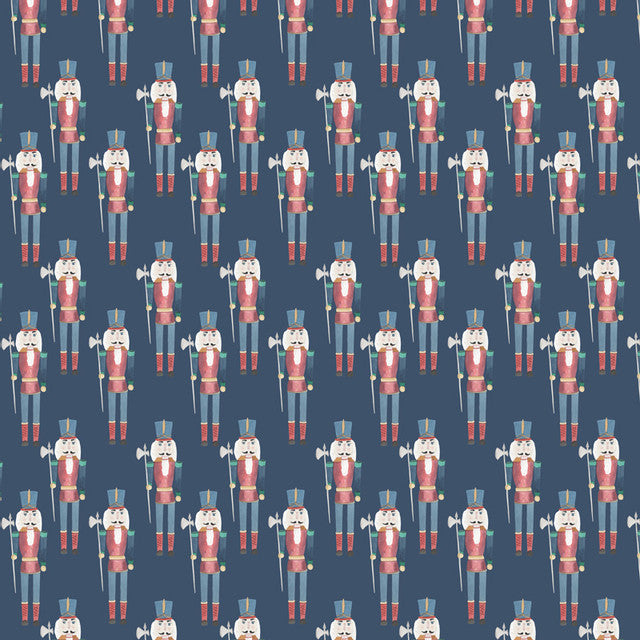 Seamless pattern of illustrated nutcrackers on a navy blue background