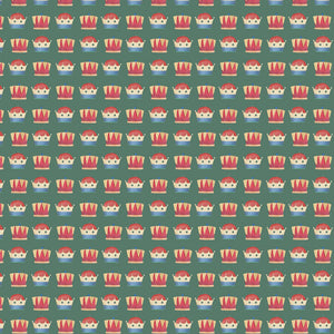 Repeated pattern with stylized Santa Claus, reindeers, Christmas trees, and gifts