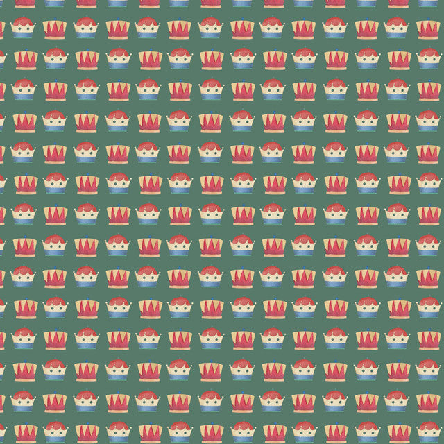 Repeated pattern with stylized Santa Claus, reindeers, Christmas trees, and gifts