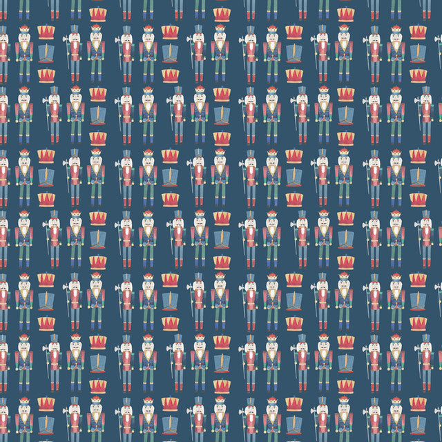Seamless pattern with stylized toy soldiers and letter 'W' blocks on a navy blue background
