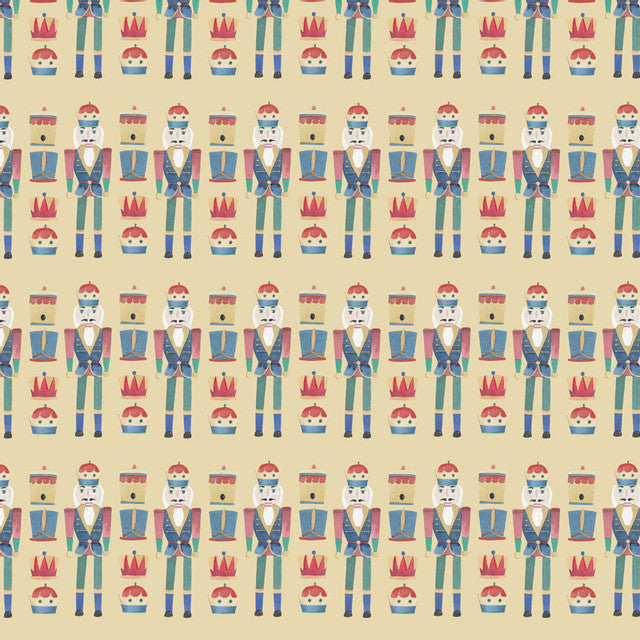 Illustration of a repeating pattern with nutcracker soldiers and crowns.