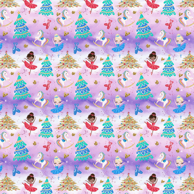 Colorful festive pattern with Christmas trees, ice skates, and ballerinas on a pink background