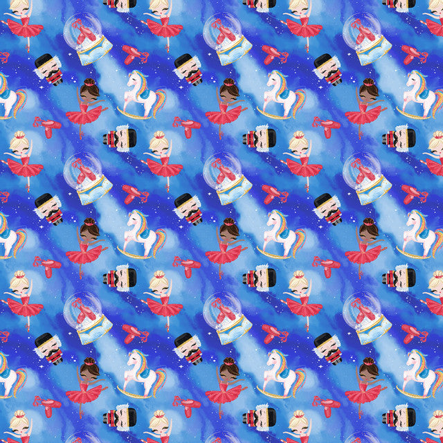 A colorful pattern with cartoon illustrations of airplanes, swans, and spacemen on a blue starry background