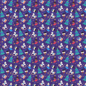 Colorful repeating pattern with cartoon holiday motifs and dollar signs