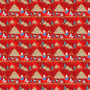 Seamless Christmas pattern with santa, trees, and snowflakes on a red background