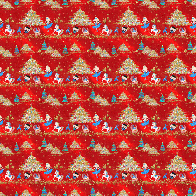 Seamless Christmas pattern with santa, trees, and snowflakes on a red background