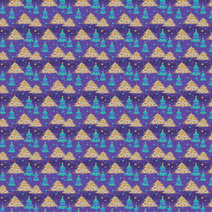Repeated pattern of Christmas trees and stars on a purple background