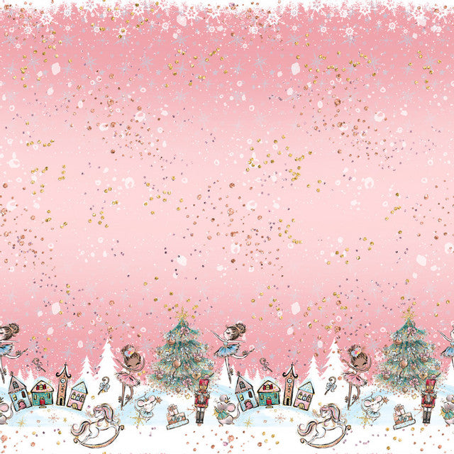 Whimsical winter pattern with fairies and festive village