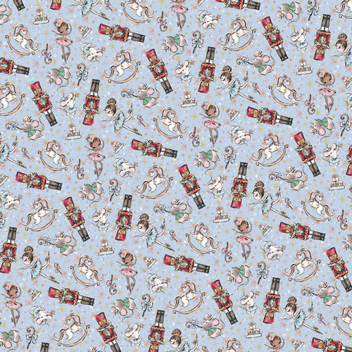 Seamless pattern with animated characters and assorted cosmetics on a pale blue background