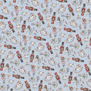 Seamless pattern with animated characters and assorted cosmetics on a pale blue background
