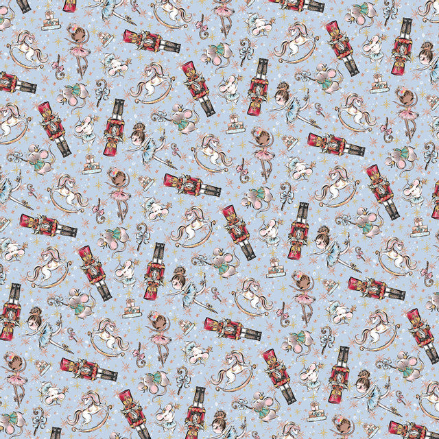 Seamless pattern with animated characters and assorted cosmetics on a pale blue background