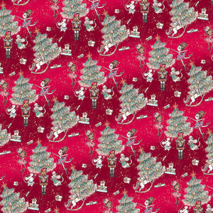 Repeated pattern of mice, Christmas trees, and presents on a red background.