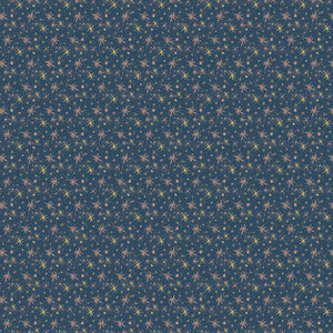 Dark blue fabric with a repeated pattern of small, multicolored star-like figures
